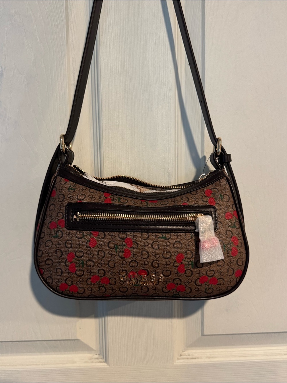 GUESS NWT Brown Canvas Shoulder Bag with Red Cherry Print and Adjustable Strap